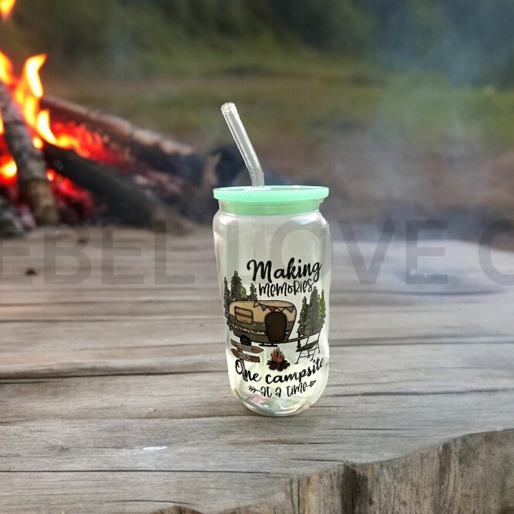 Camping Memories Glass Can Tumbler 16oz Glass Straw, Green, camp, rv, camper